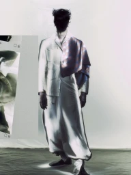 Model posing in a light tailored jacket, draped patterned scarf, and flowing trousers against a studio backdrop with film strip overlay.