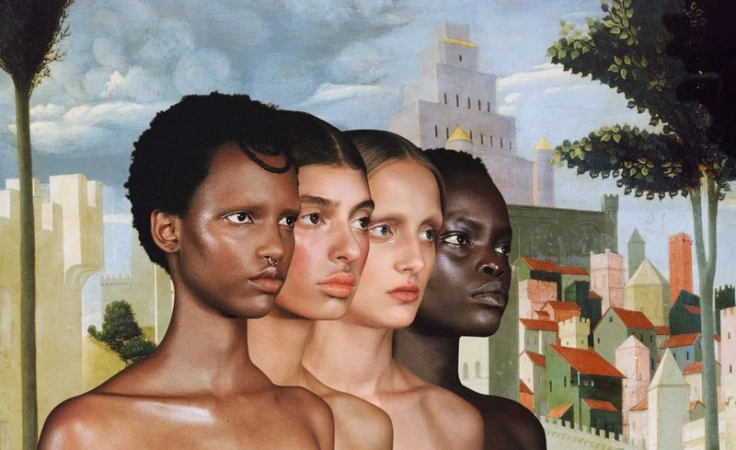 Artistic image featuring a quartet of women with diverse skin tones in a vertical portrait with a medieval cityscape backdrop.