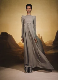 Model in a floor-length grey dress with structured shoulders standing in front of a painted landscape backdrop.