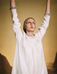 Matilde Lucidi in a crystal-embellished pleated white dress looking up with arms raised against a warm gold backdrop.