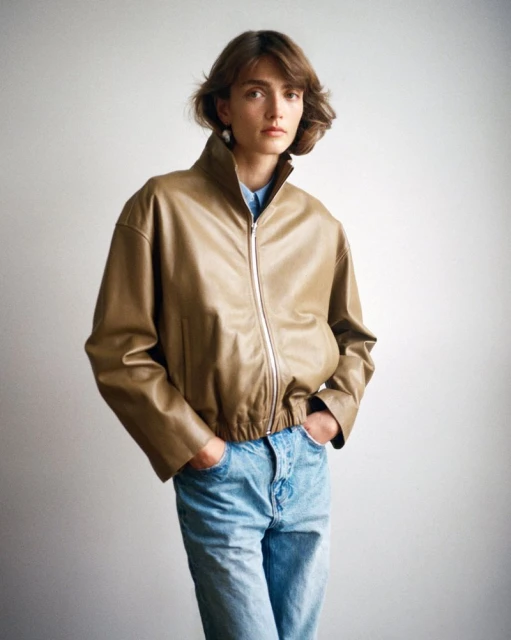 Woman in a studio setting wearing a tan leather jacket and light blue jeans. The image is a medium shot with a white background.