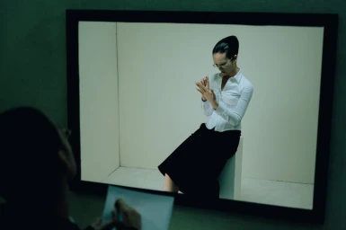Model Yvette Chau in a white shirt and black skirt seated in an observation room viewed by an observer taking notes.
