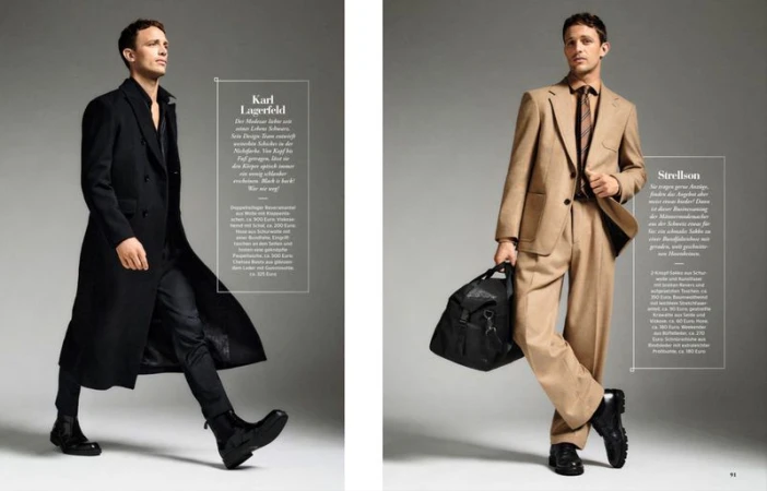 Men's fashion editorial featuring two male models in tailored suits and coats, showcasing different styles against a neutral grey backdrop.