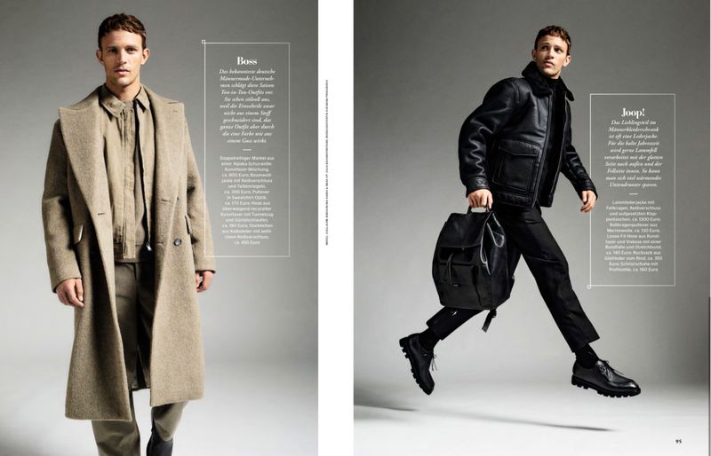 Men's fashion editorial featuring two images of a young man in stylish overcoats against a gradient gray background, showcasing modern design.