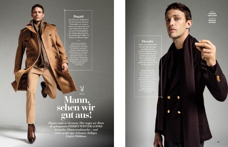 Editorial fashion shot featuring two men in stylish fall and winter outfits. One man in a brown trench coat and another in a blazer.