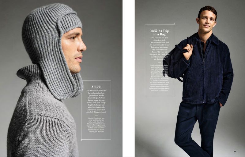 Two fashion magazine pages showcase adult male models wearing navy corduroy jacket and gray wool ribbed balaclava and sweater.
