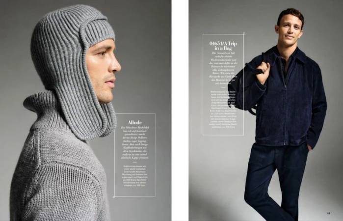 Two fashion magazine pages showcase adult male models wearing navy corduroy jacket and gray wool ribbed balaclava and sweater.