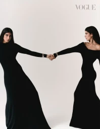 Two women in long black dresses holding hands and wearing silver bracelets against a plain white studio background.