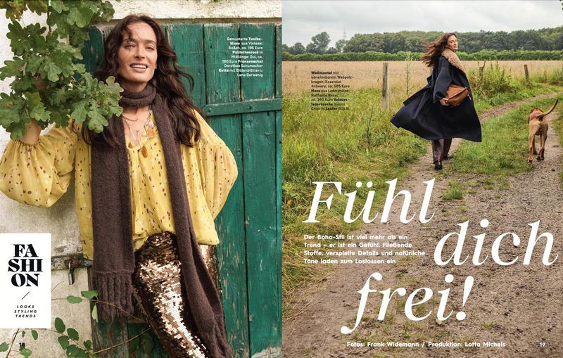 Editorial fashion spread with a woman in a yellow blouse and brown scarf against a green door, and a woman and dog on a path.