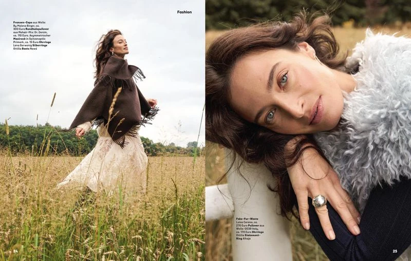 Fashion editorial shot of a woman in a brown cape in a grassy field and a close-up of her face with a silver ring.