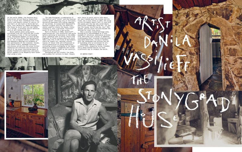 Collage of images and text features artist Danila Vassilieff and his home Stonygrad, showing stone structures, art, and the artist.