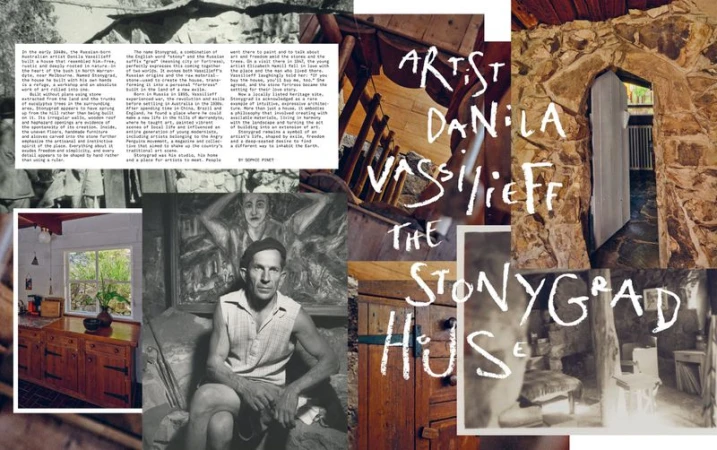 Collage of images and text features artist Danila Vassilieff and his home Stonygrad, showing stone structures, art, and the artist.