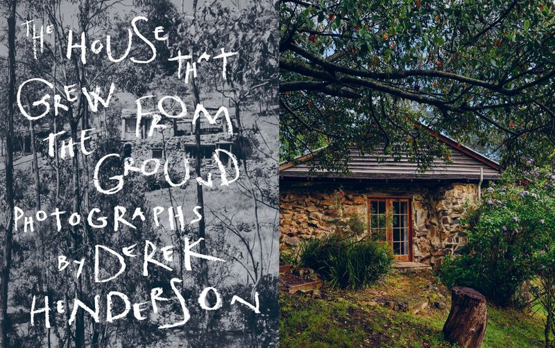 Split screen shows a house: on the left, a black and white image with text, and on the right, a color image of a stone house.