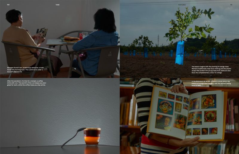 Four-panel image collage features two people reading, an orange tree sapling, and a coffee drink and a book with orange-themed images.