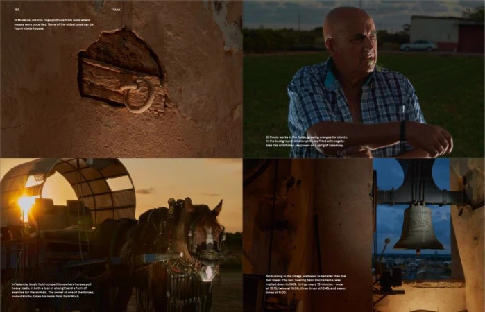Four-panel image: old ring on wall, man in field, horse cart at sunset, bell in bell tower. Rural scenery in mixed lighting.