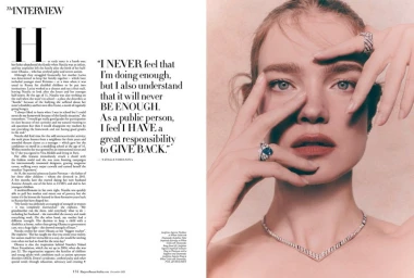 Magazine editorial spread featuring a close-up portrait of Natalia Vodianova wearing diamond jewellery alongside interview text.