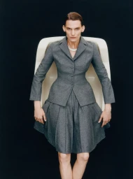 Model wearing a grey suit jacket and pleated skirt standing against a dark background in front of a white sculptural chair.
