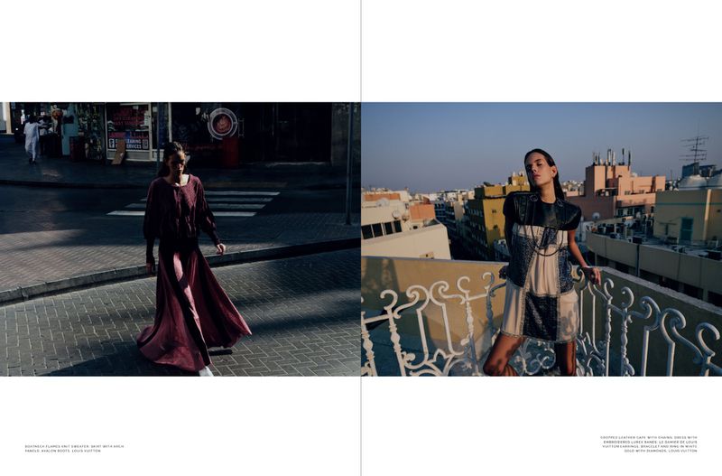 Two images side-by-side: A model in a maroon dress on a brick street and a model in a dress and vest on a balcony.