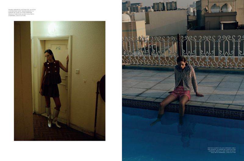 Fashion editorial shot: a woman in a mini dress and boots poses indoors, with another on a rooftop near a pool and urban skyline.