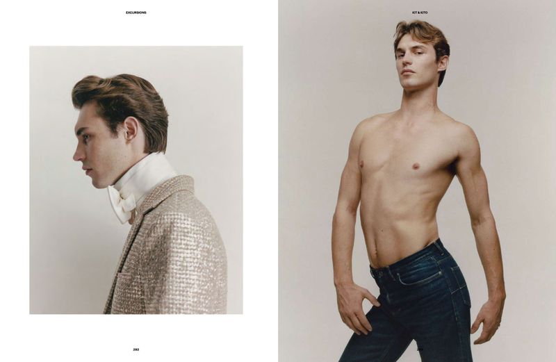 Two images show a young adult man in a fashion editorial setting, one wearing a tweed jacket and the other shirtless in dark wash jeans.