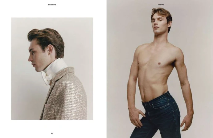 Two images show a young adult man in a fashion editorial setting, one wearing a tweed jacket and the other shirtless in dark wash jeans.