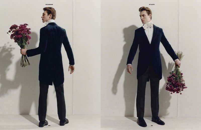 Two formal fashion shots: a male model in a dark tailcoat and trousers holds a bouquet of flowers against a stark white backdrop.
