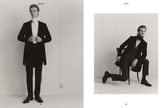 Black and white editorial spread featuring a male model in a black tailcoat against a plain background for Kit and Kito.