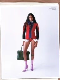 Model Julia Bregalda stands in a red and black jacket, lilac heels, and holds a green handbag against a white studio background.