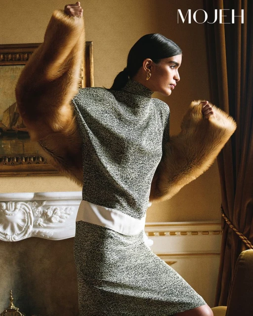 Editorial shot of a woman in a textured dress with fur sleeves posing in an ornate interior with dark, neutral, and tan color palette.