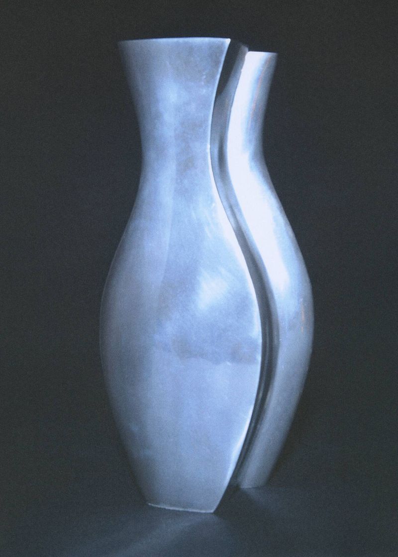 Sculptural brushed silver metallic vase with curved organic lines photographed against a dark black background.