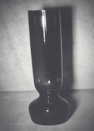 Monochrome still life of a tall dark glass vase with a rounded base casting a shadow against a neutral studio backdrop.
