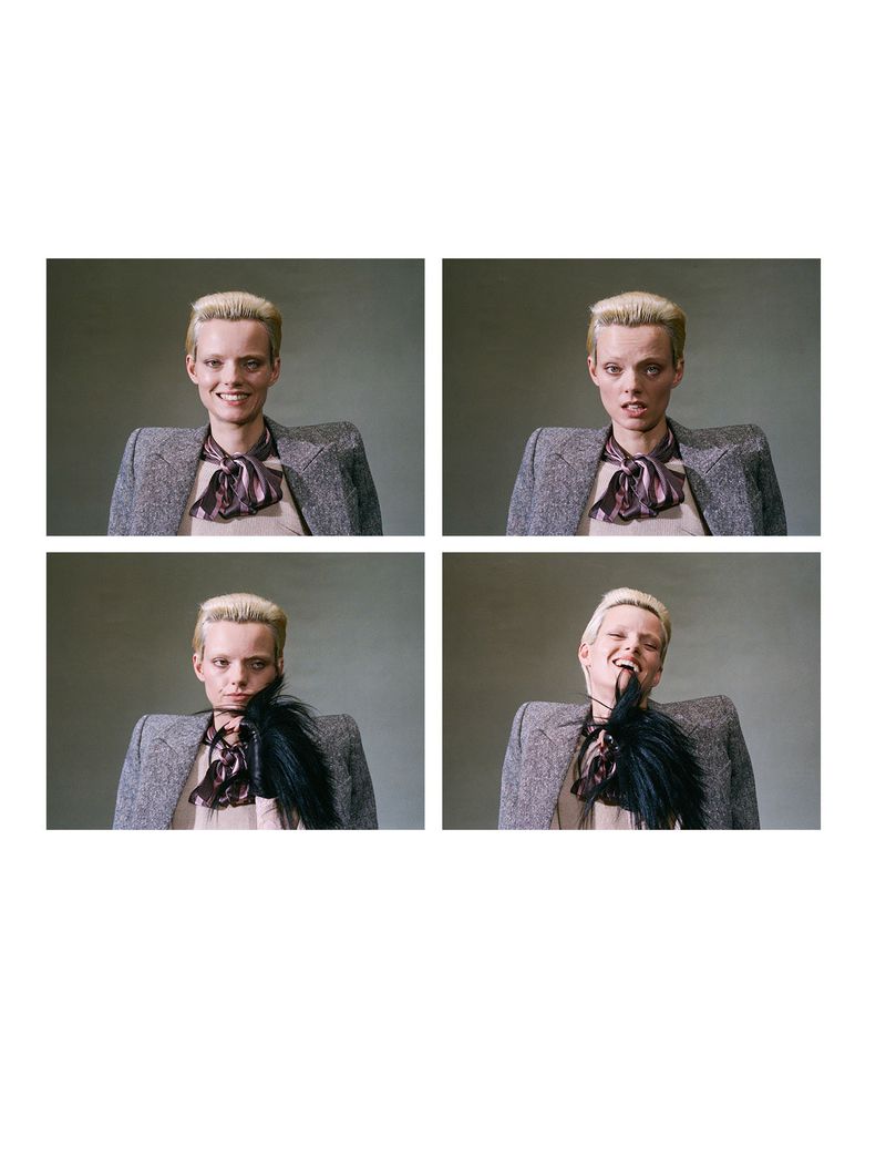 Four-panel portrait of an adult woman with short blonde hair, wearing a blazer and silk scarf, against a neutral gray background.