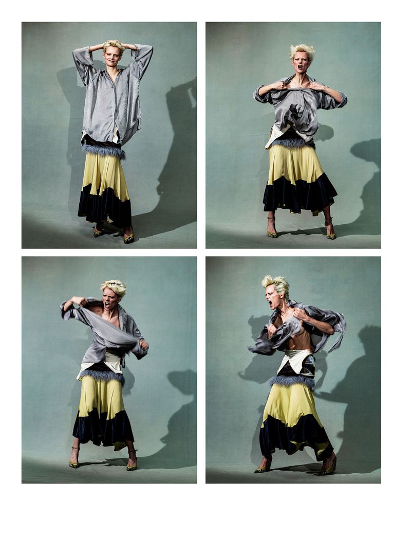 Fashion collage featuring a slender blonde woman in artistic poses wearing a grey top, a yellow and black skirt, and strappy heeled shoes.
