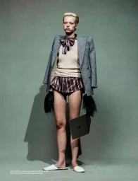 Model with blonde hair wearing a grey tweed blazer, beige jumper, and striped shorts standing against a plain green wall.