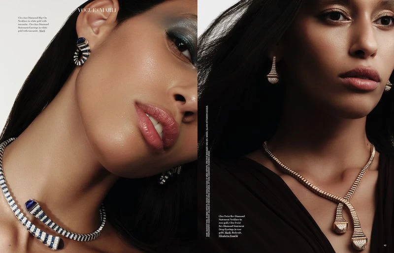 Close-up portrait of model Allana Neiva wearing fine jewellery for Vogue Arabia, photographed by Lesha Lich.