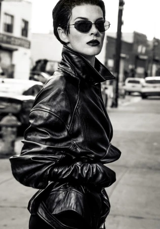 A striking black and white portrait of a woman in a leather jacket and sunglasses standing on a sidewalk in an urban setting.