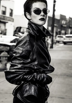 Black and white portrait of model Anne Vyalitsyna wearing an oversized black leather jacket and sunglasses on a city street.