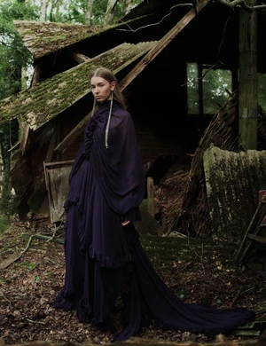 Liz Schweikl in a flowing plum ruffled dress and long drop earrings posing beside a dilapidated mossy shed in the woods.