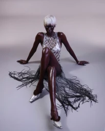 Model Adama Jobe seated on a grey studio floor wearing a silver fringe net dress and metallic mules for V Magazine.