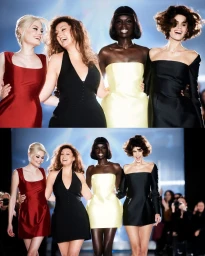 Four female models in colorful designer dresses laughing together on a runway for Marie Claire Australia.