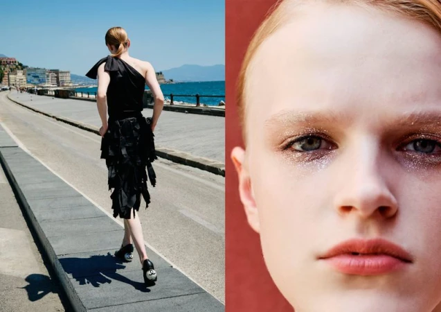 Fashion shot: A model in a black dress walks on a road by the sea, contrasted with a close-up of a model with glitter eye makeup.