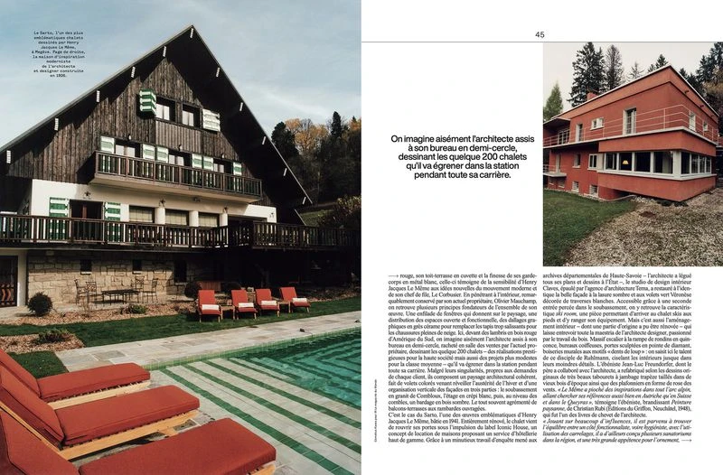 A-frame chalet and red modern home next to a pool. Loungers by the pool in the grass near a forest of tall trees. French text in magazine.