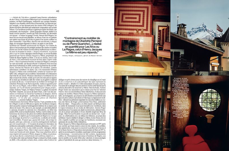 Magazine collage featuring interior design: fireplace, staircase, chair, and exterior home view with snowy mountains in the background.
