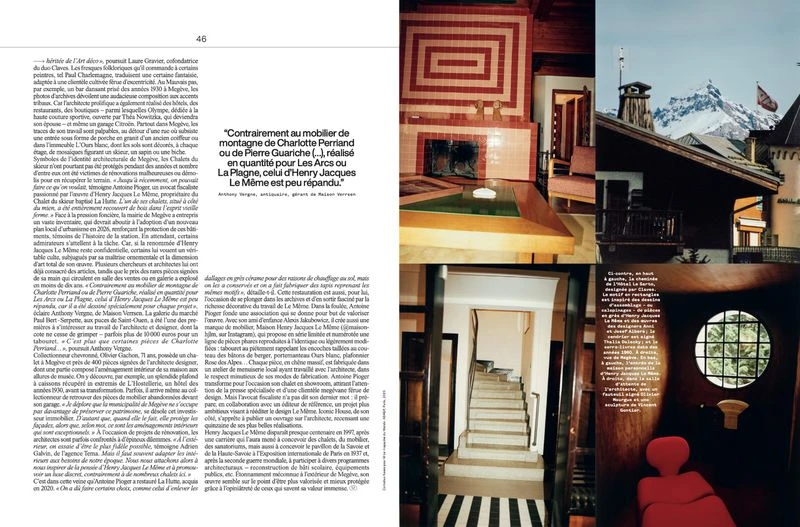 Magazine collage featuring interior design: fireplace, staircase, chair, and exterior home view with snowy mountains in the background.