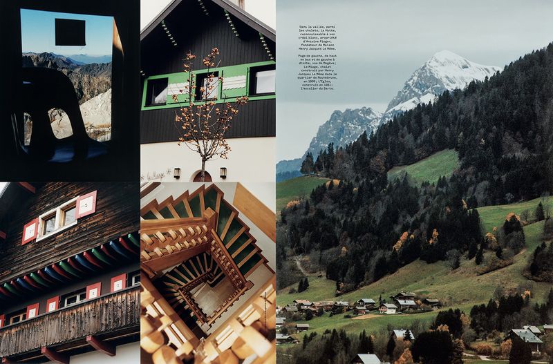 Collage featuring mountain range, wooden chalet exterior, wooden spiral staircase with green carpet, and window view of mountains.