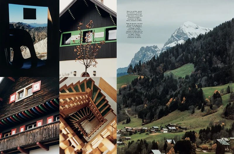 Collage featuring mountain range, wooden chalet exterior, wooden spiral staircase with green carpet, and window view of mountains.
