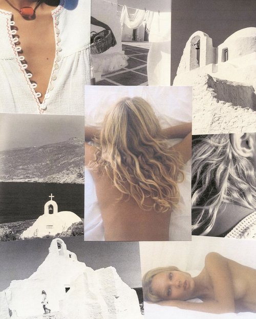 Collage of monochrome-style photos: woman, architecture, and landscape. White structures contrast with darker mountains and shorelines.