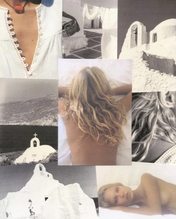 Collage of monochrome-style photos: woman, architecture, and landscape. White structures contrast with darker mountains and shorelines.