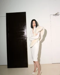 Woman in white dress and heels holding a fur stole standing against a plain wall beside a dark door