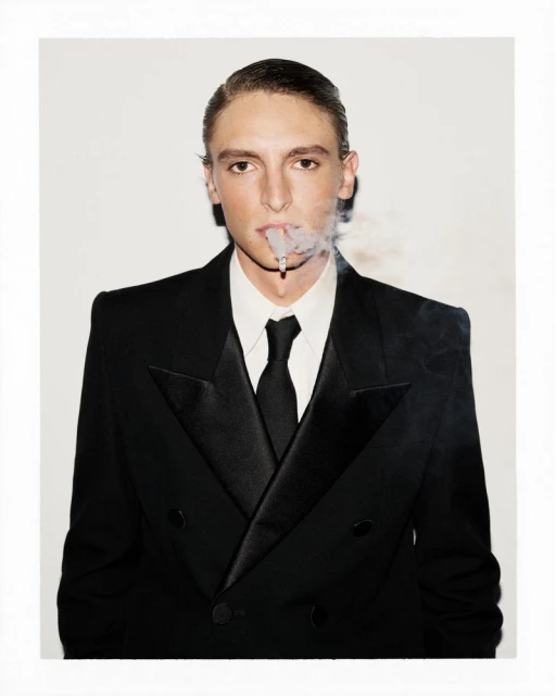 Portrait of a stylish young man smoking a cigarette in a black tuxedo and tie, against a bright white background in a studio shot.